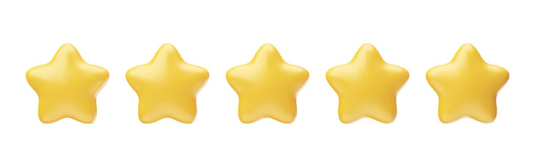 Five golden glossy stars 3d realistic style rendering. Positive, excellent customer rating feedback, game achievement, best service vector illustration isolated on white background