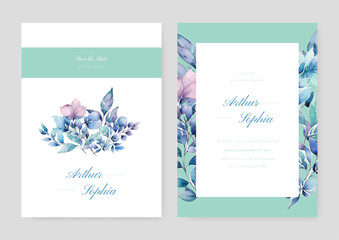 Wedding invitation template set with beautiful floral and leaves decoration