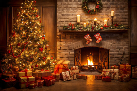 Cozy Holiday Scene: Fireplace, Christmas Presents, and Tree | Generative AI