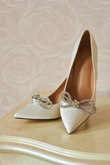 Beautiful white women's shoes with rhinestones. Shoes for weddings or special events.