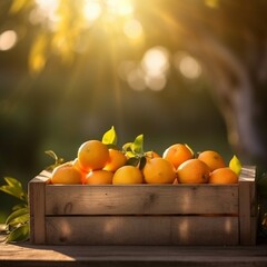 Ripe tangerines in a wooden box on the background of the sunset