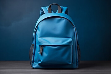 Stylish Blue Backpack on Wooden Table, Perfect for Traveling and Generative AI