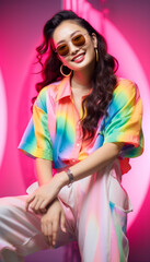 Gen-z beautiful asian fashionable female, wearing neon stylish clothes, happy, smiling, retro style...