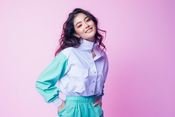 Gen-z beautiful asian fashionable female, wearing neon stylish clothes, happy, smiling, retro style in the style of Vaporwave fashion - Powered by Adobe