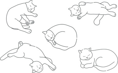 Contour drawing of a sleeping cat in various poses. Cat is sleeping in different positions. Empty contour isolated on a white background. Vector illustration