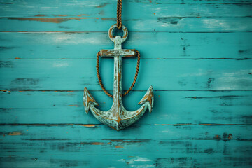 Rustic Nautical Decor: Anchor on Blue Wooden Wall with Rope, Generative AI