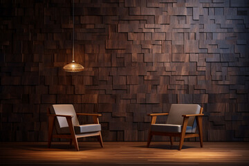 Cozy Seating Arrangement with Wooden Wall and Soft Lighting, Generative AI