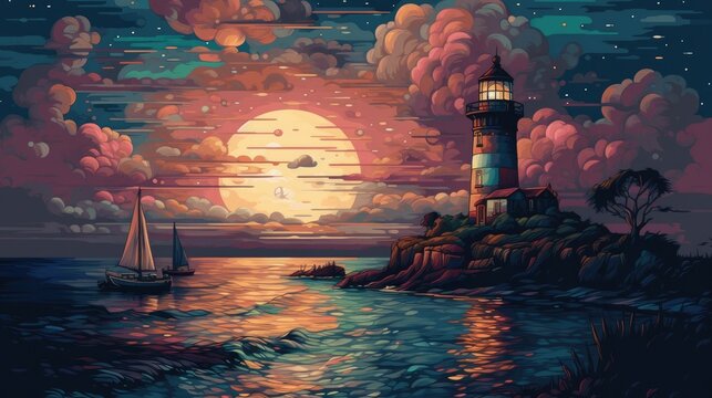 Lighthouse at sunset on the coast. Generative AI