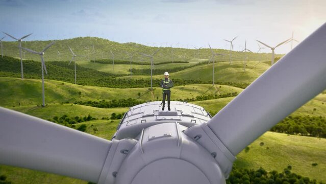 Caucasian Male Sustainable Energy Engineer Using Laptop On Top Of Industrial Wind Turbine. Professional Man Wearing Safety Equipment and Working On Wind Farm, Source Of Clean Energy. Zoom Out Shot.