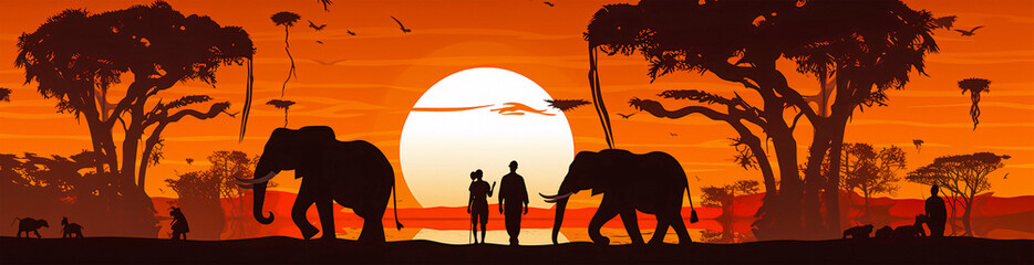 Three Majestic Elephants Gracefully Stroll into the Sunset with a Man and Child, Generative AI