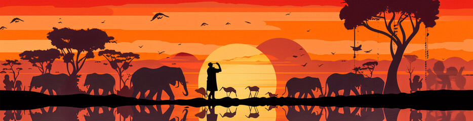 Stunning Sunset Scene with Man and Animals in Water, Generative AI