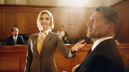 Lawyer woman in court room presents side interests in dispute before judge, attractive woman attorney appears in courtroom in front of jury, lawyer protects rights of defendant, generative AI