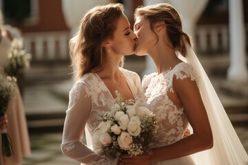 lesbian wedding. two girls in bridesmaid dresses - obrazy, fototapety, plakaty