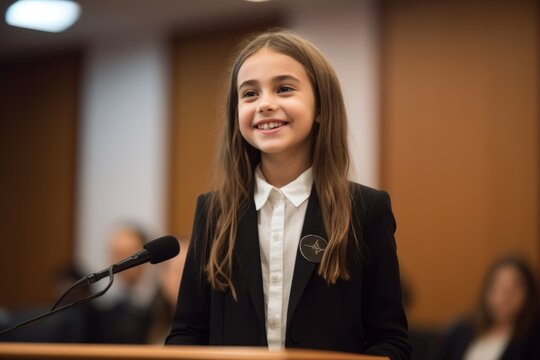 Portrait of a little girl at the podium in the conference hall