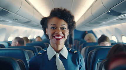 Smiling female flight attendant in blue uniform in aircraft cabin, attractive black woman...