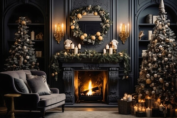 Fototapeta na wymiar Cozy Christmas Vibes: Close-Up of Living Room Christmas Tree with Fireplace, Generative AI