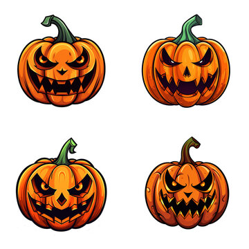 Set of Jack O' Lantern or halloween pumpkin cartoon isolated on transparent background.  Digital illustration generative AI.