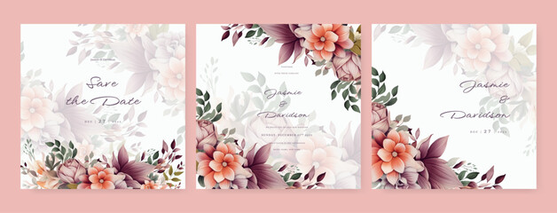 watercolor wedding invitation card template with pink and burgundy floral and leaves decoration