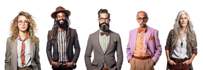 Group of diverse business people isolated on transparent white background. Old and young, various ethnicity