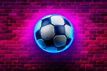 Vibrant Neon-Lit Soccer Ball on Brick Wall: A Captivating Generative AI Image