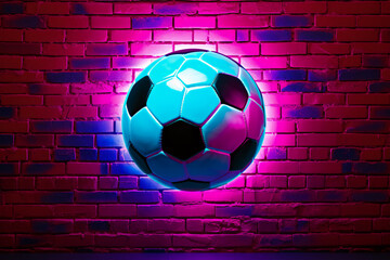 Vibrant Soccer Ball on Brick Wall with Neon Light, Generative AI