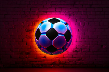 Vibrant Soccer Ball Illuminated on Brick Wall in Room, Generative AI