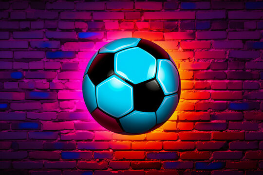 Vibrant Soccer Ball on Brick Wall with Neon Light, Generative AI © Bipul Kumar