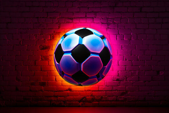 Vibrant Soccer Ball Illuminated on Brick Wall in Room, Generative AI © Bipul Kumar
