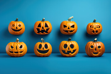 Naklejka premium Colorful jack-o'-lantern faces on a stylish blue background - Fall holiday fun with AI design