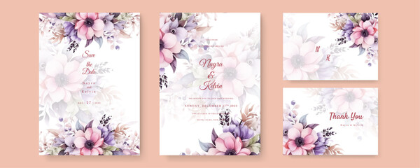Floral wedding invitation template pink roses flowers and leaves decoration. Foliage card design concept