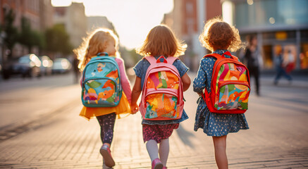 Three Little Girls Walking Down the Street with Backpacks, Generative AI