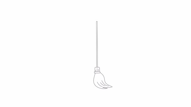 Witch broomstick sweeping floor bw 2D object animation. Magic broom brushing outline cartoon 4K video, alpha channel. Wizard and witch staff. Halloween besom animated icon isolated on white background