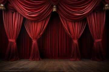 Elegant Red Curtain on Empty Classic Theatre Stage. Generative AI