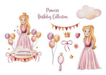 princess birthday collection watercolor illustration clipart © Yuni