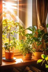 Beautiful Window Sill Filled with Lush Plants, Generative AI