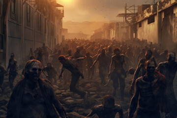 Apocalyptic Scene: Zombies Roaming City Streets at Sunset, Generative AI