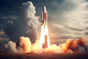 Space Rocket Soaring from Mysterious Planet. Generative AI