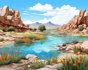 There is a landscape painting with rocks and water. (Generative AI)