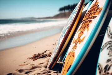Surfing Boards on the Beach. Generative AI