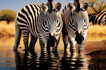 Fototapeta na wymiar Wild Zebras Gathering at a Watering Hole. Generative AI