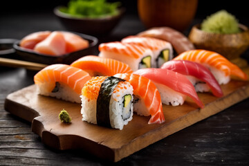japan sushi meal rice fish food set seafood japanese roll. Generative AI.