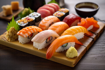 food japanese meal sushi set japan rice fish seafood roll. Generative AI.