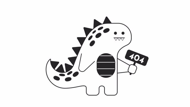 Cute dinosaur holding bw error 404 animation. T rex animal error message gif, motion graphic. Adorable prehistorical reptile. Baby dino animated character outline 4K video isolated on white background