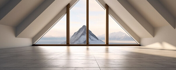 Stunning Mountain View Through Spacious Room Window, Generative AI