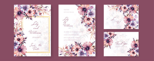 Beautiful floral wedding invitation template set with flower and leaves decoration