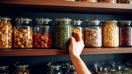 glass jars with food airtight in shelf in pantry