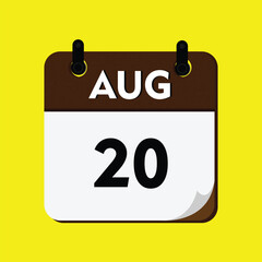 new year calendar icon, calendar with a date, new calendar, 20 august icon with yellow background, 20 august, day icon, calender icon