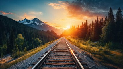 Fototapeta premium train railway tracks on nature landscape with mountains