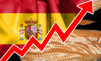 Double exposure of a big red arrow growing out of the Spanish flag image. Bar graphs and charts. Food prices rise. Inflation concept. retail.