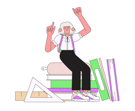 student sitting on books, raising hands clip art preview